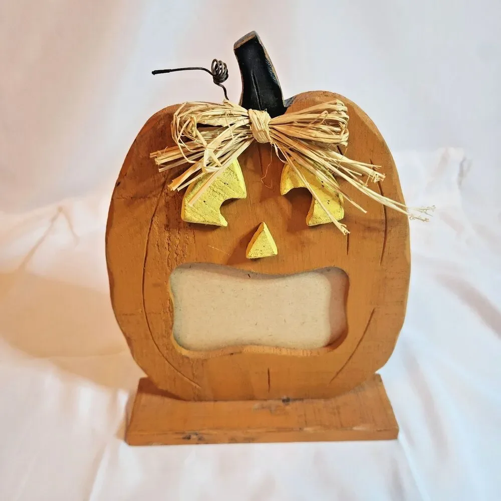 Set of 2 Rustic Wooden Halloween Photo Frames Black Cat Pumpkin Primitive Decor